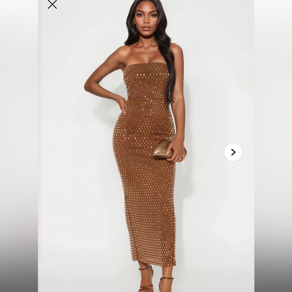 Fashion Nova Maria Embellished Mesh Maxi Tube Dress Brown